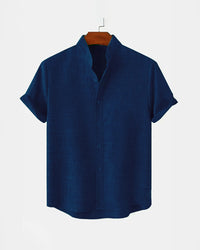 BAN COLLAR LINEN SHIRT - NAVY BLUE