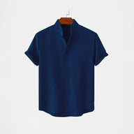 BAN COLLAR FULL LINEN SHIRT - NAVY BLUE