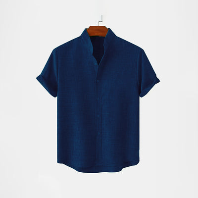 BAN COLLAR FULL LINEN SHIRT - NAVY BLUE - Zapped