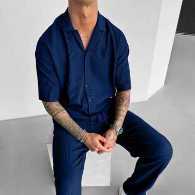 Oversize Pleated Open Collar Shirt & Pants Set - Dark Blue - Zapped