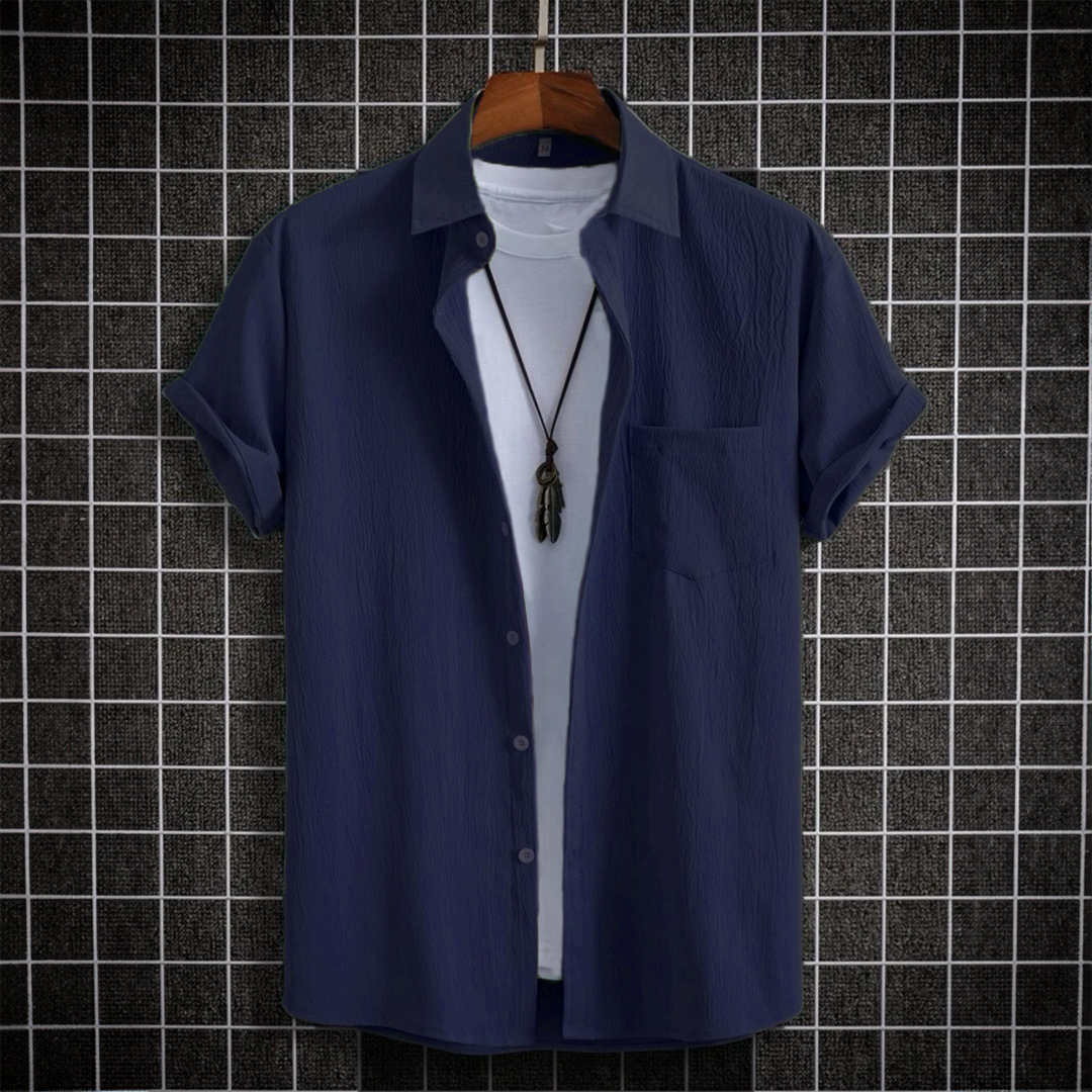Navy Solid Collar Button Up Shirt