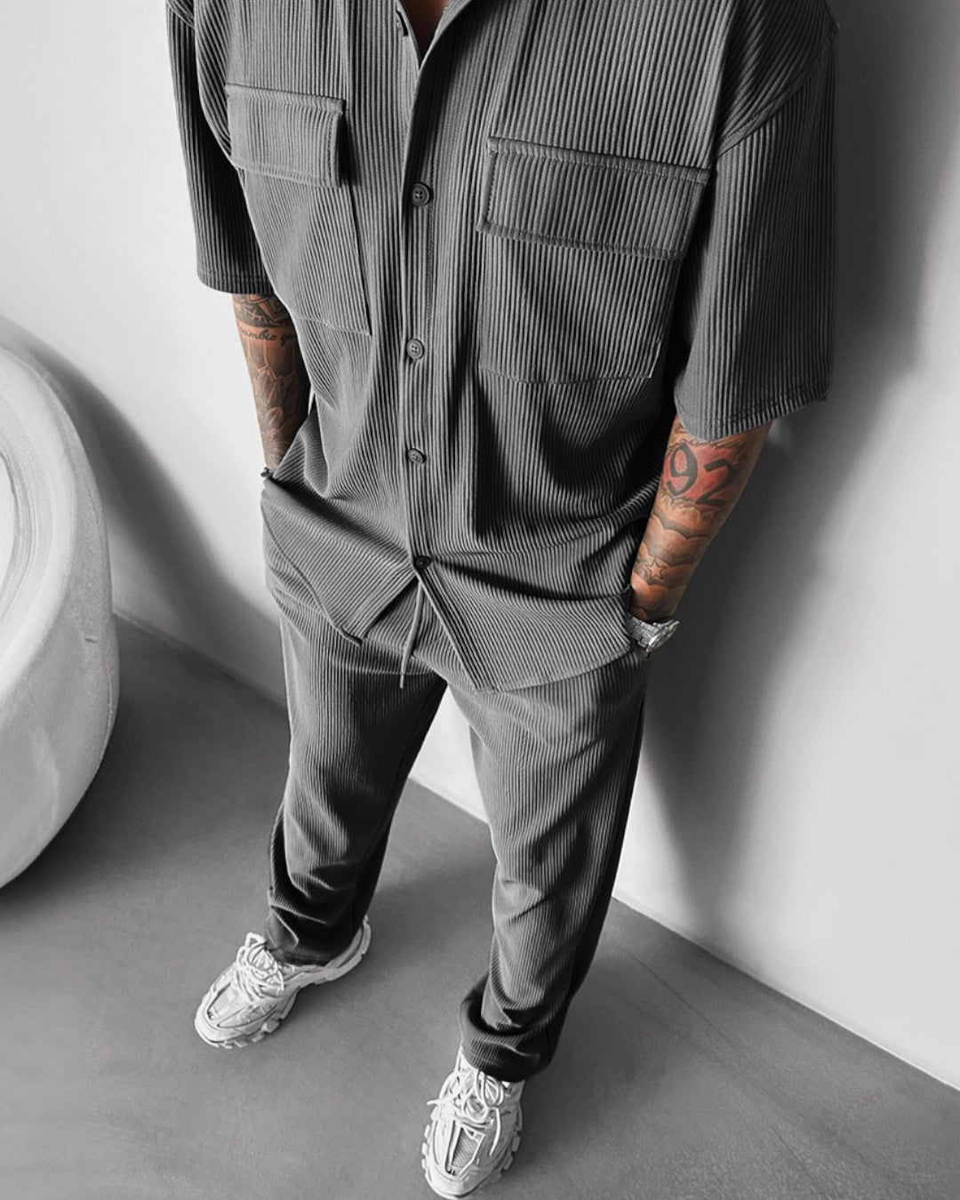 Double Pocket Half Sleeves Shirt & Trouser Set - Anthracite Gray