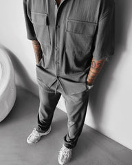 Double Pocket Half Sleeves Shirt & Trouser Set - Anthracite Gray