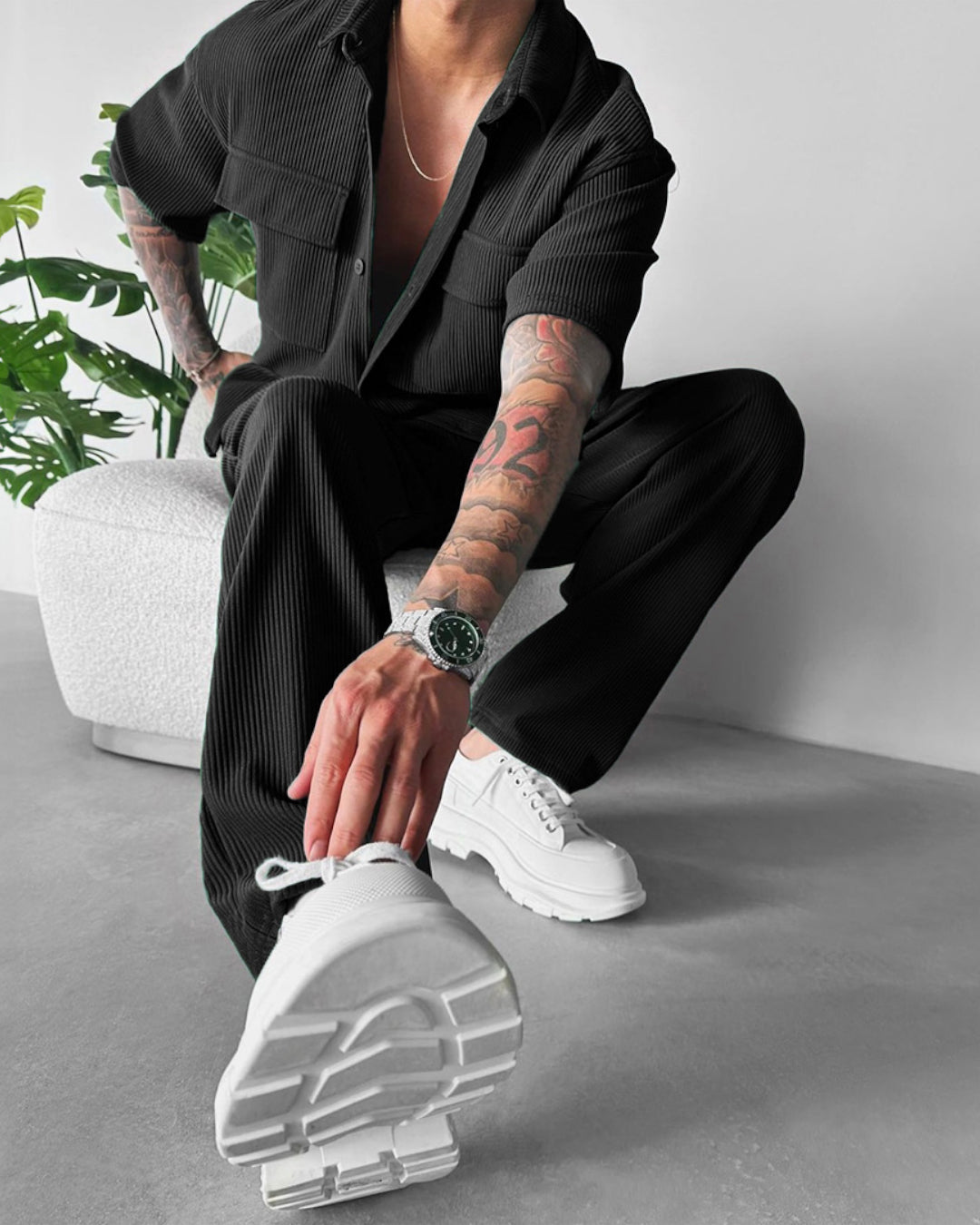 Double Pocket Half Sleeves Shirt & Trouser Set - Black