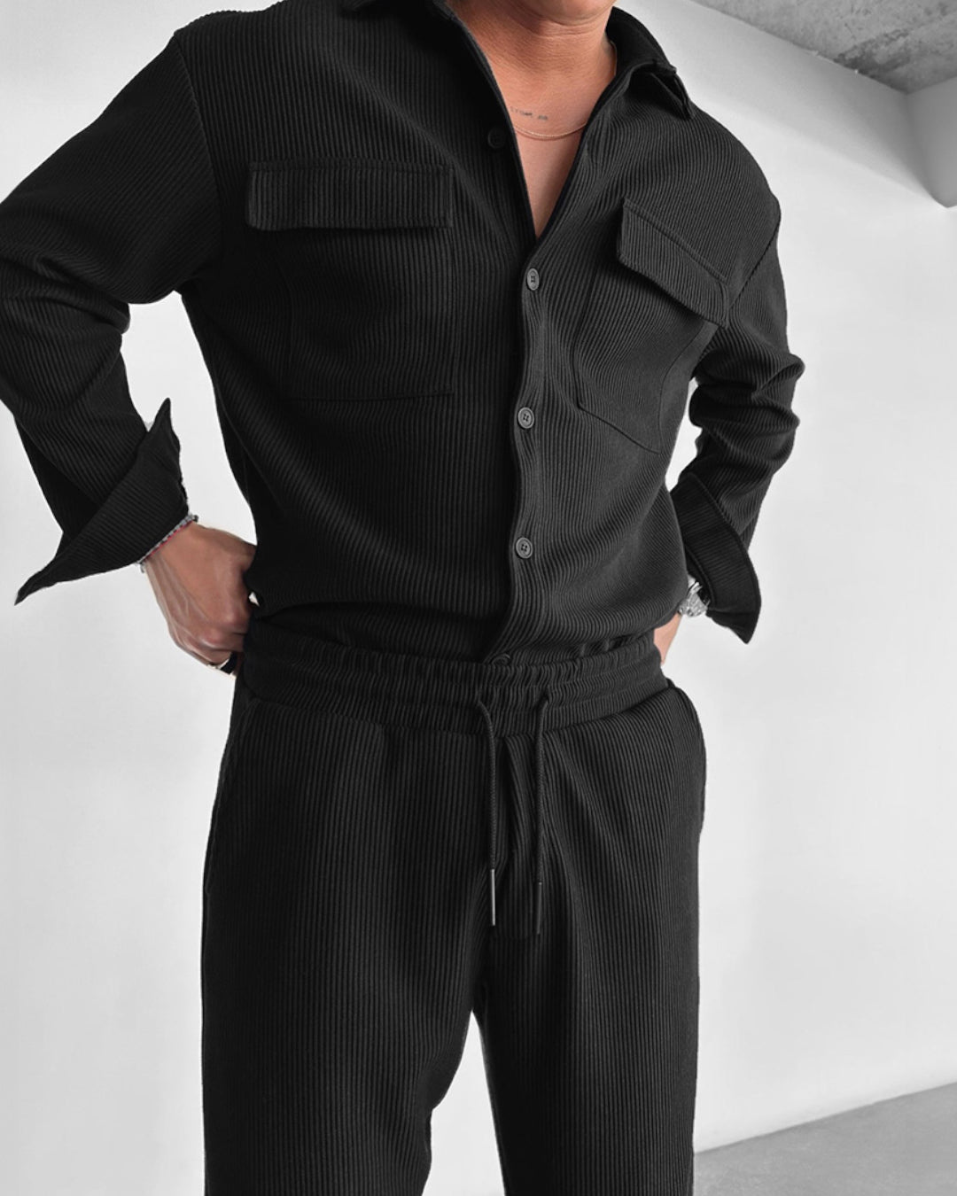 Double Pocket Shirt & Trouser Set - Black