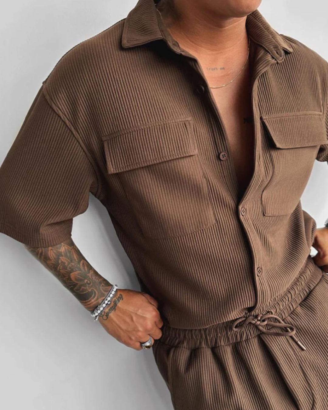 OVERSIZE DOUBLE POCKET SHIRT - BROWN