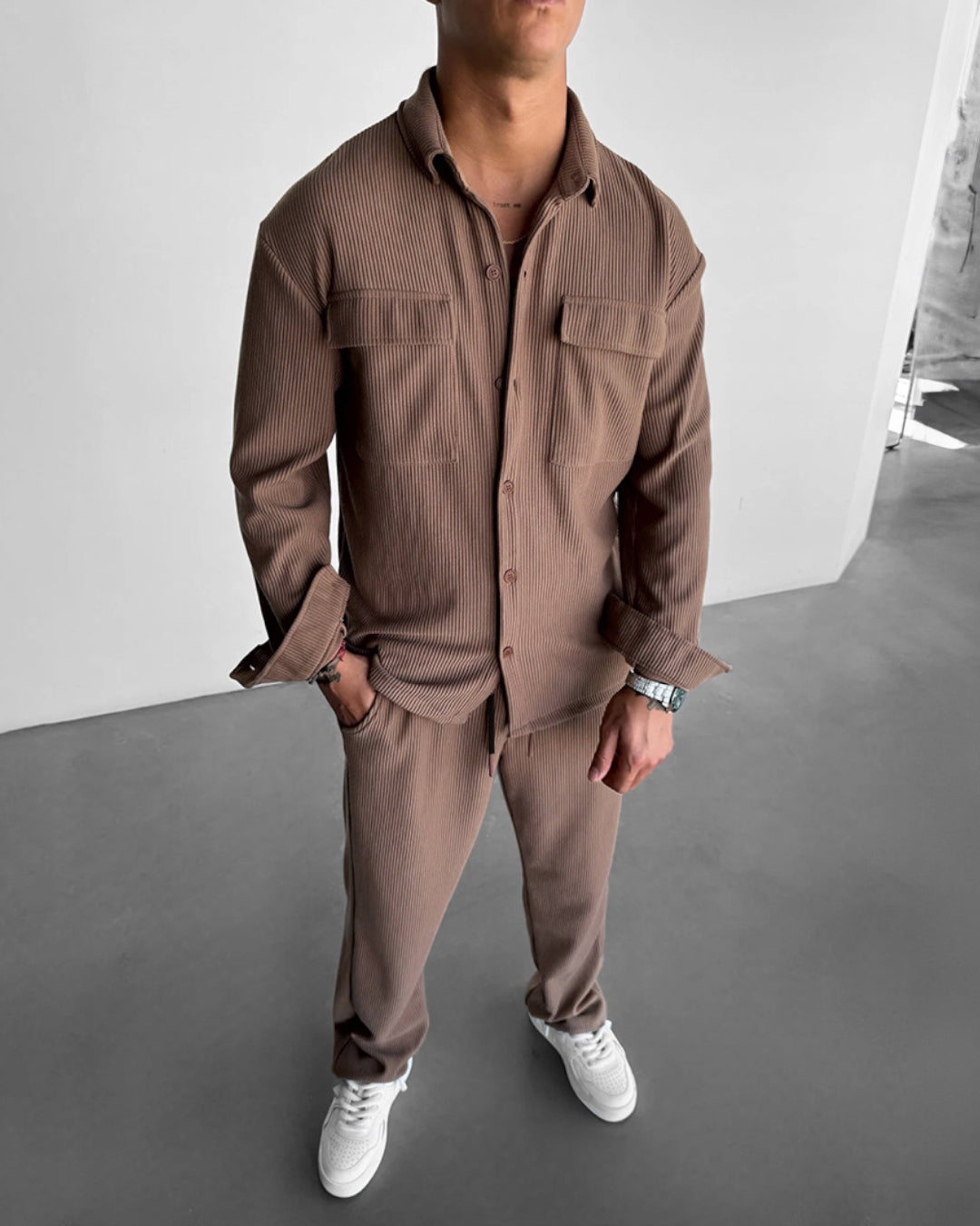 Double Pocket Shirt & Trouser Set - Brown