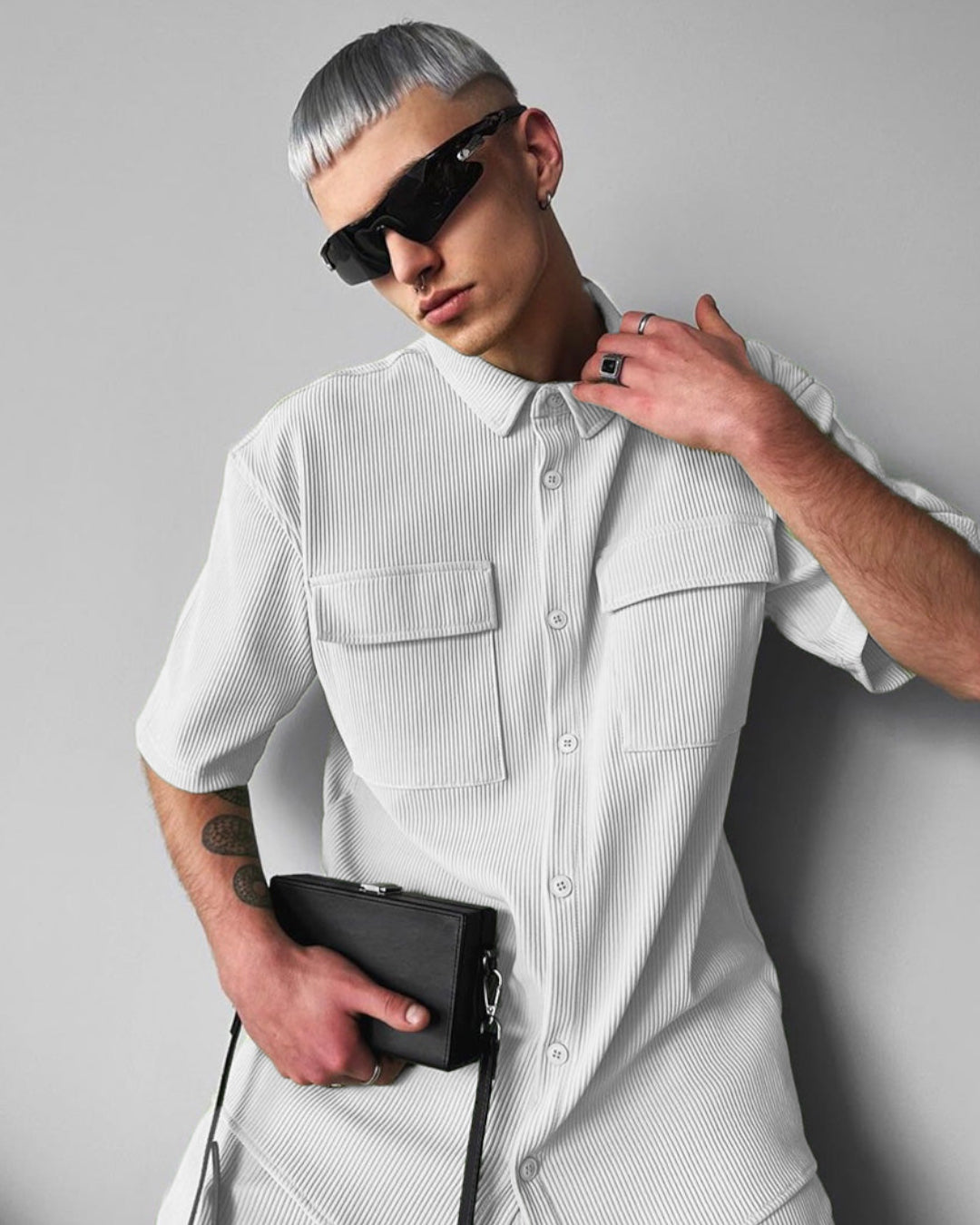 Double Pocket Half Sleeves Shirt & Trouser Set - White