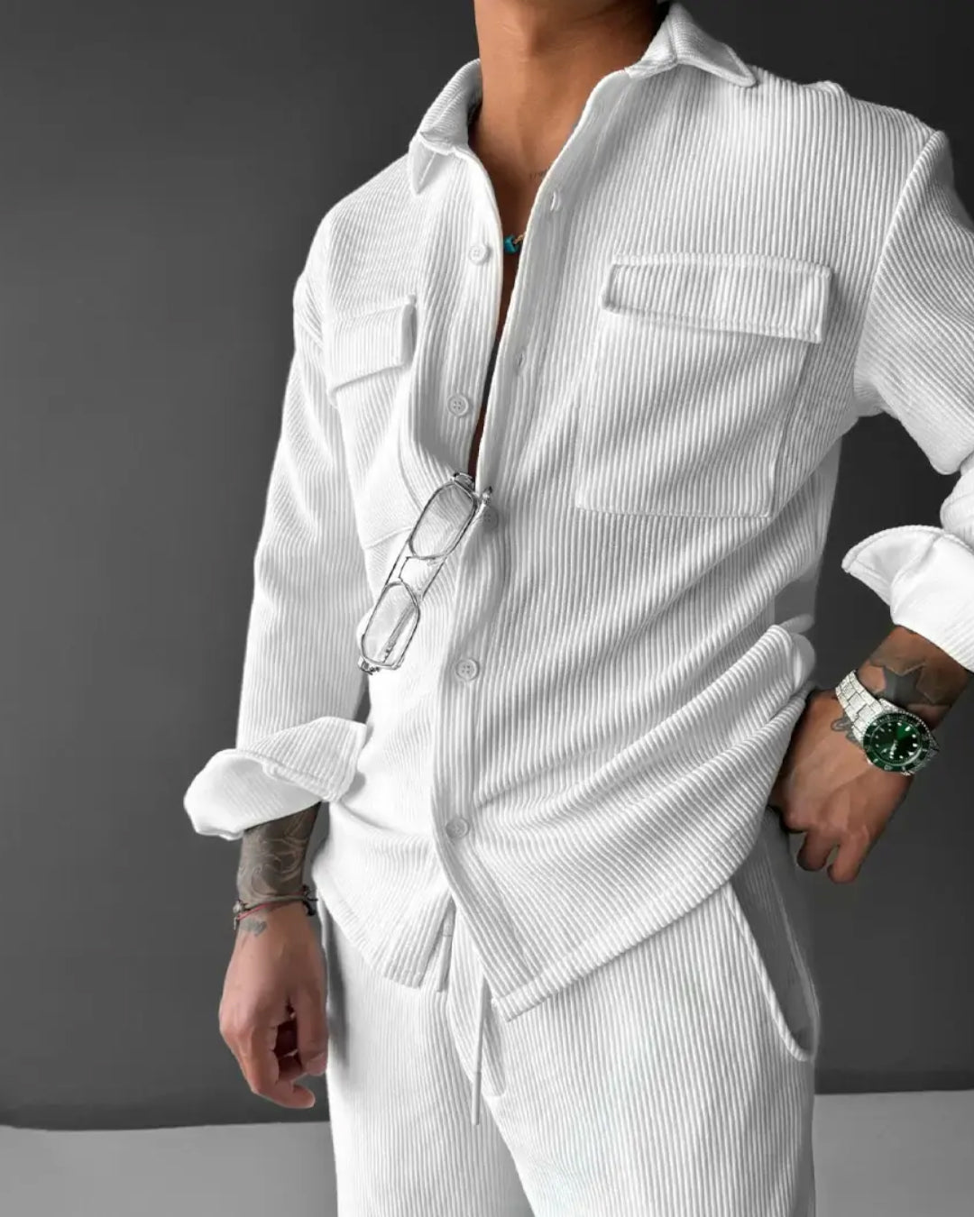 Double Pocket Shirt & Trouser Set - White