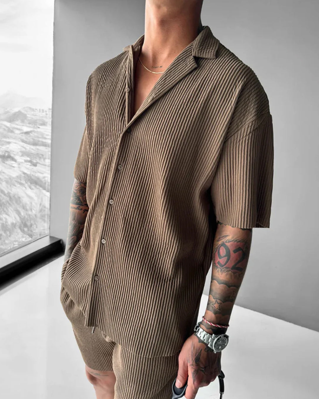 OVERSIZE RIBBED SHIRT - BROWN