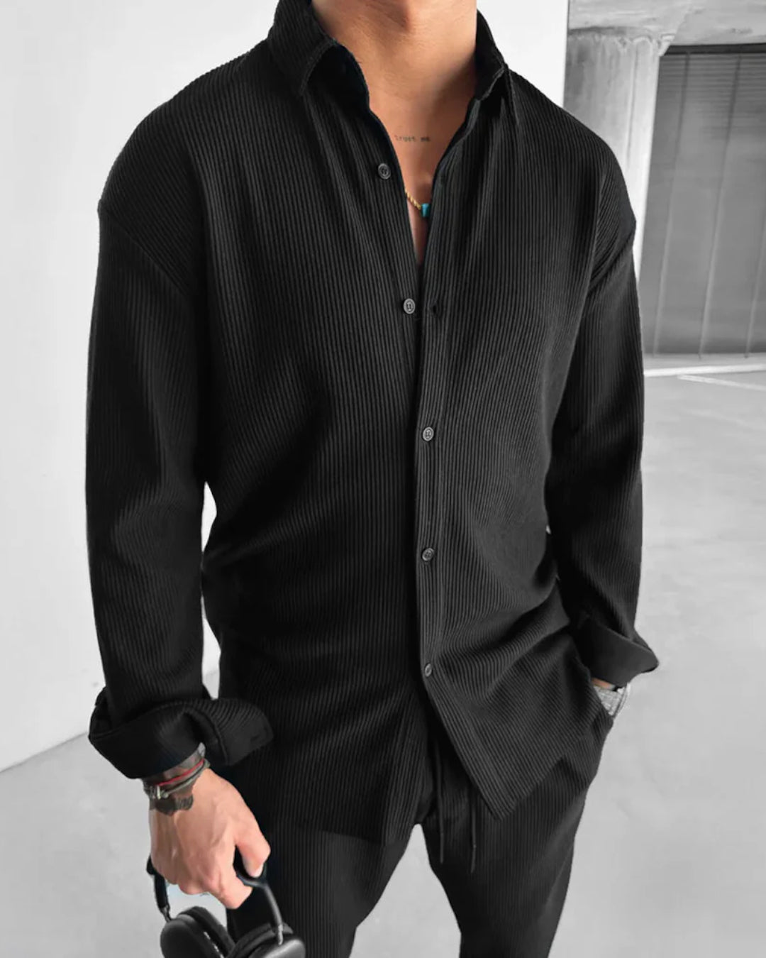 OVERSIZE RIBBED FULL SLEEVES SHIRT - BLACK
