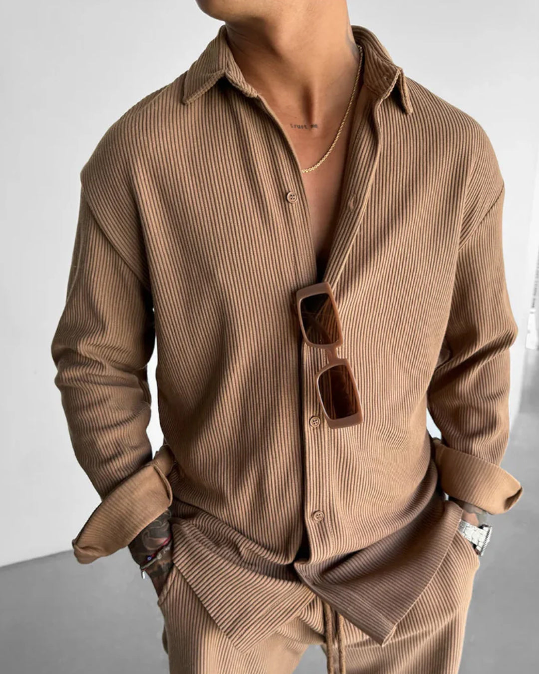 OVERSIZE RIBBED FULL SLEEVES SHIRT - BROWN