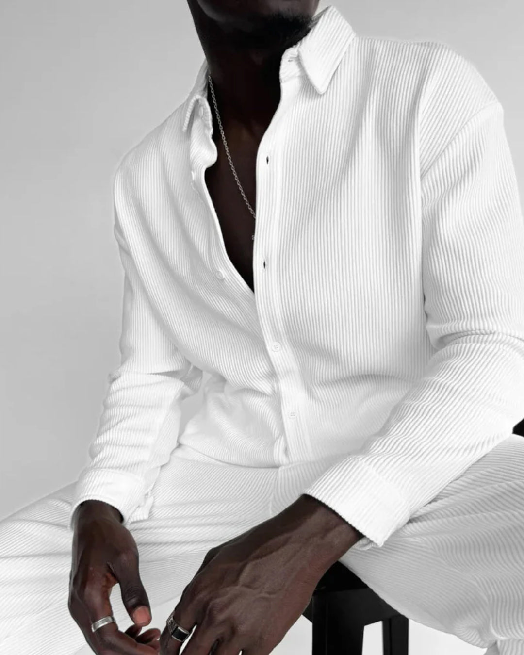OVERSIZE RIBBED FULL SLEEVES SHIRT - WHITE
