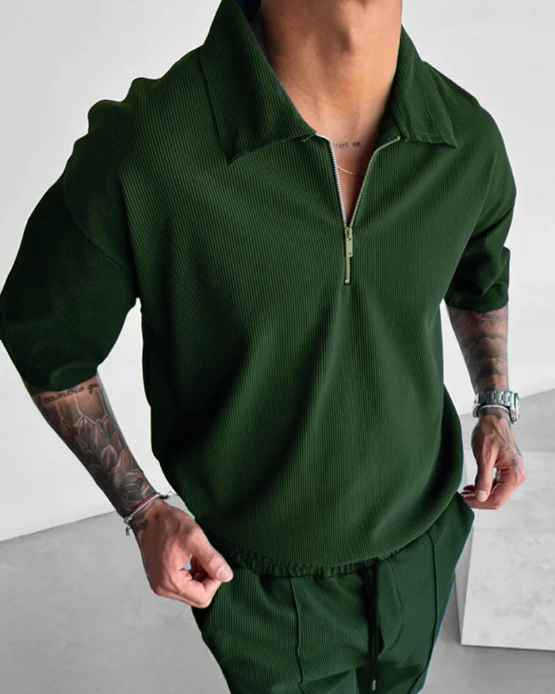 OVERSIZE TEXTURED ZIPPER POLO T-SHIRT - RAIN FOREST