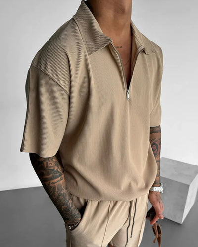 OVERSIZE TEXTURED ZIPPER POLO T-SHIRT - TAN