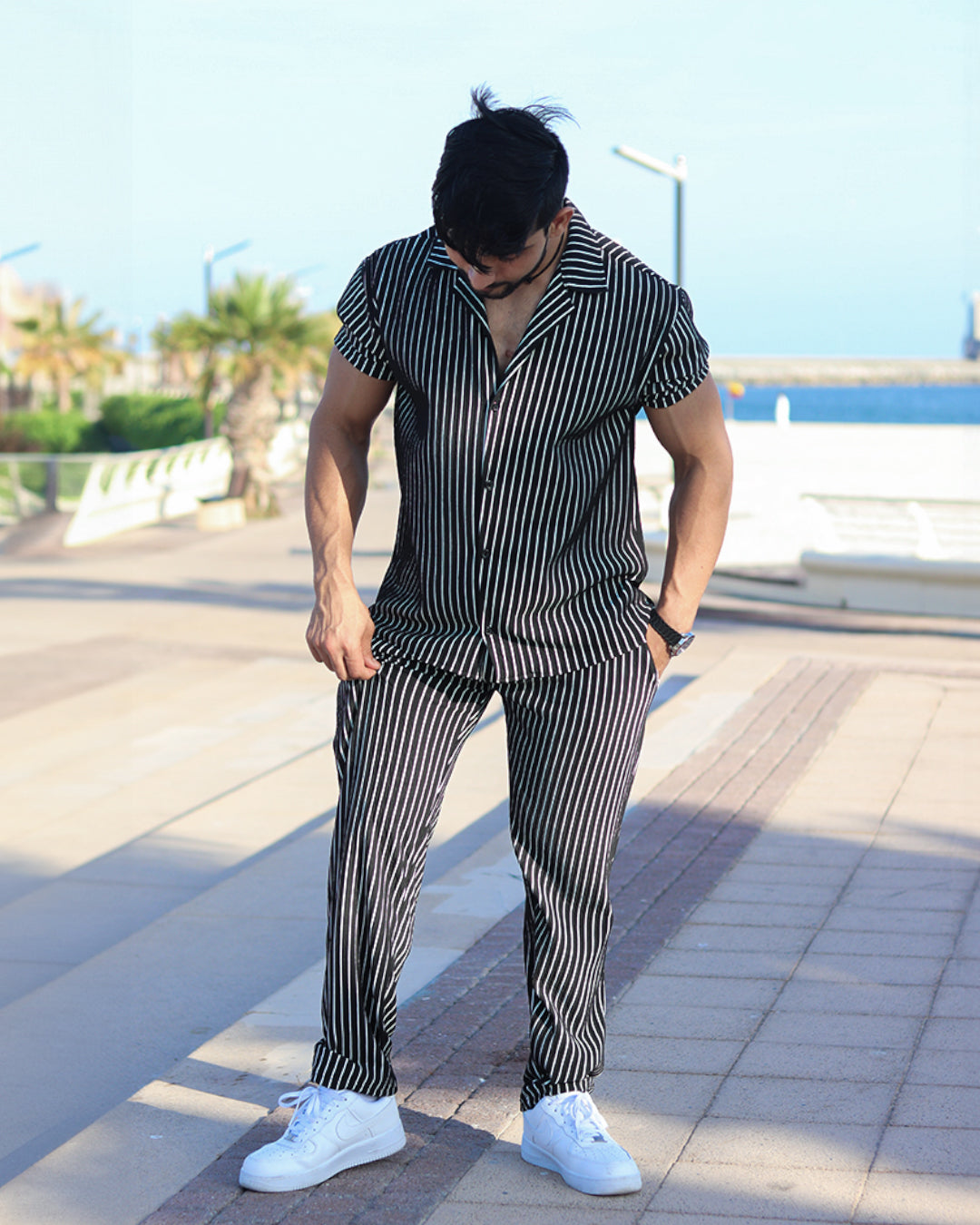 Oversize Lining Open Collar Shirt & Pants Set - Black