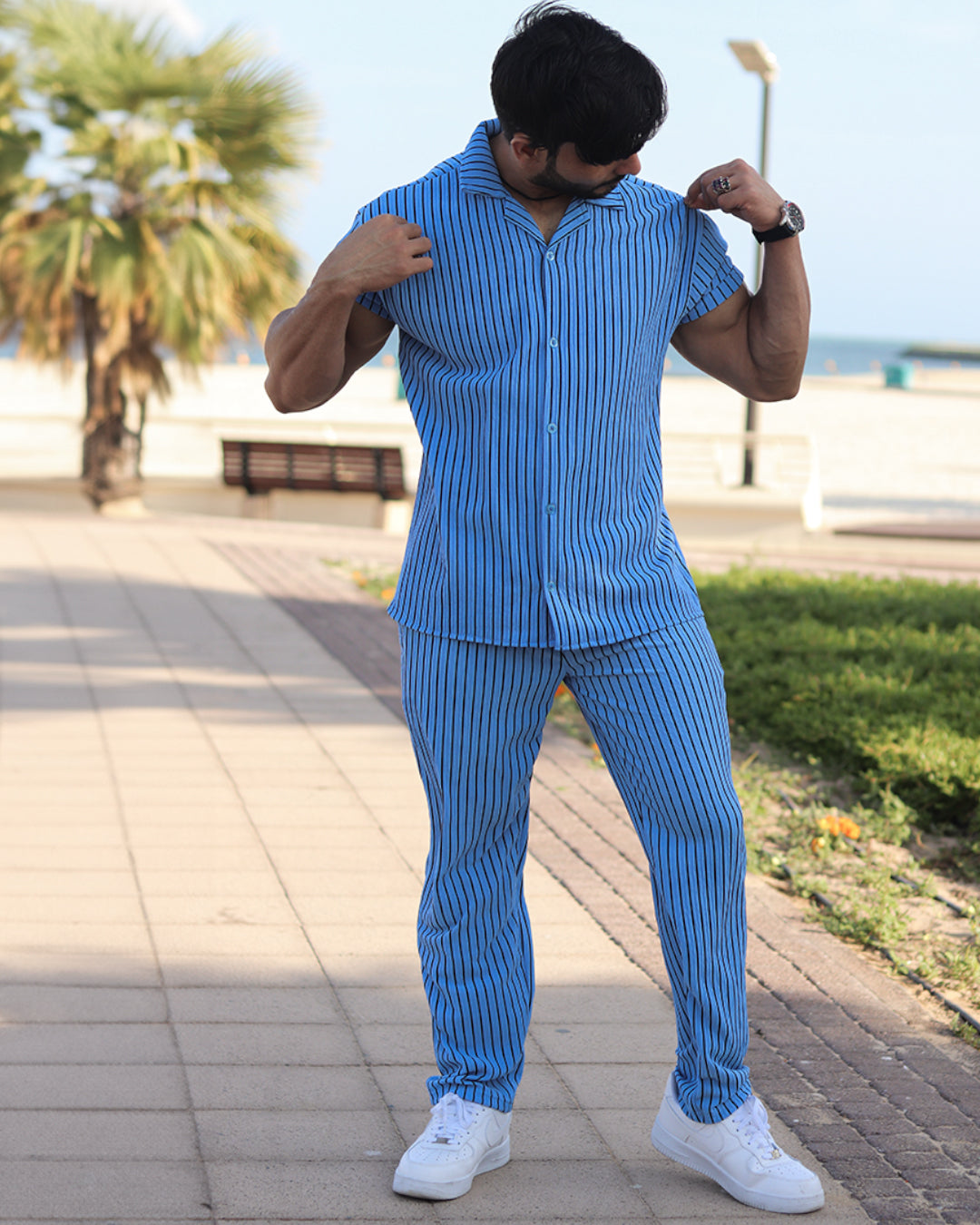 Oversize Lining Open Collar Shirt & Pants Set - Blue