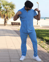 Oversize Lining Open Collar Shirt & Pants Set - Blue