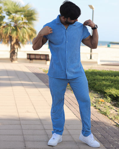 Oversize Lining Open Collar Shirt & Pants Set - Blue