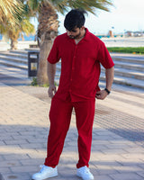 Oversize Lining Open Collar Shirt & Pants Set - Red