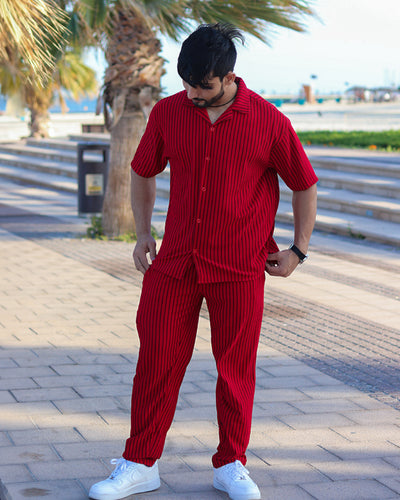 Oversize Lining Open Collar Shirt & Pants Set - Red