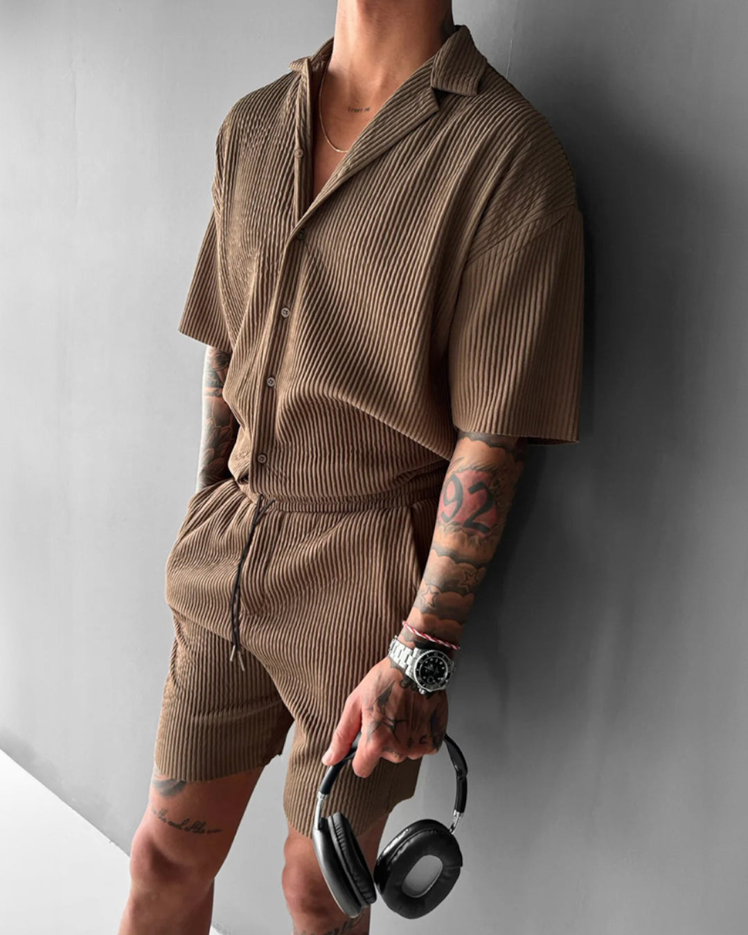 Oversize Pleated Open Collar Shirt & Short Set - Brown