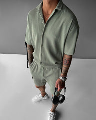 Oversize Pleated Open Collar Shirt & Short Set - Tea Green