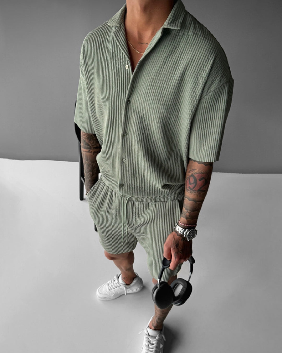 Oversize Pleated Open Collar Shirt & Short Set - Tea Green