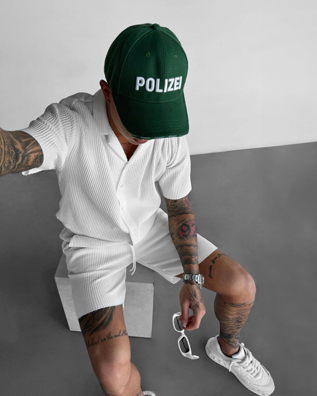 Oversize Pleated Open Collar Shirt & Short Set - White