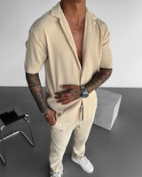 Oversize Pleated Open Collar Shirt & Trouser Set - Beige