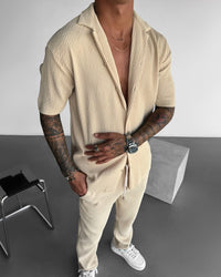 Oversize Pleated Open Collar Shirt & Trouser Set - Beige