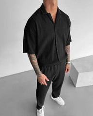 Oversize Pleated Open Collar Shirt & Trouser Set - Black
