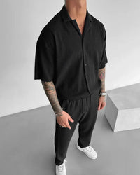 Oversize Pleated Open Collar Shirt & Trouser Set - Black