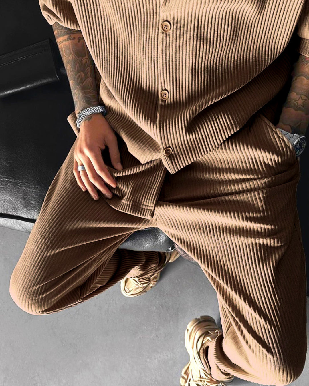 Oversize Pleated Open Collar Shirt & Trouser Set - Brown