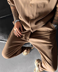 Oversize Pleated Open Collar Shirt & Trouser Set - Brown
