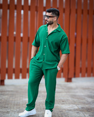Oversize Pleated Open Collar Shirt & Trouser Set - Green