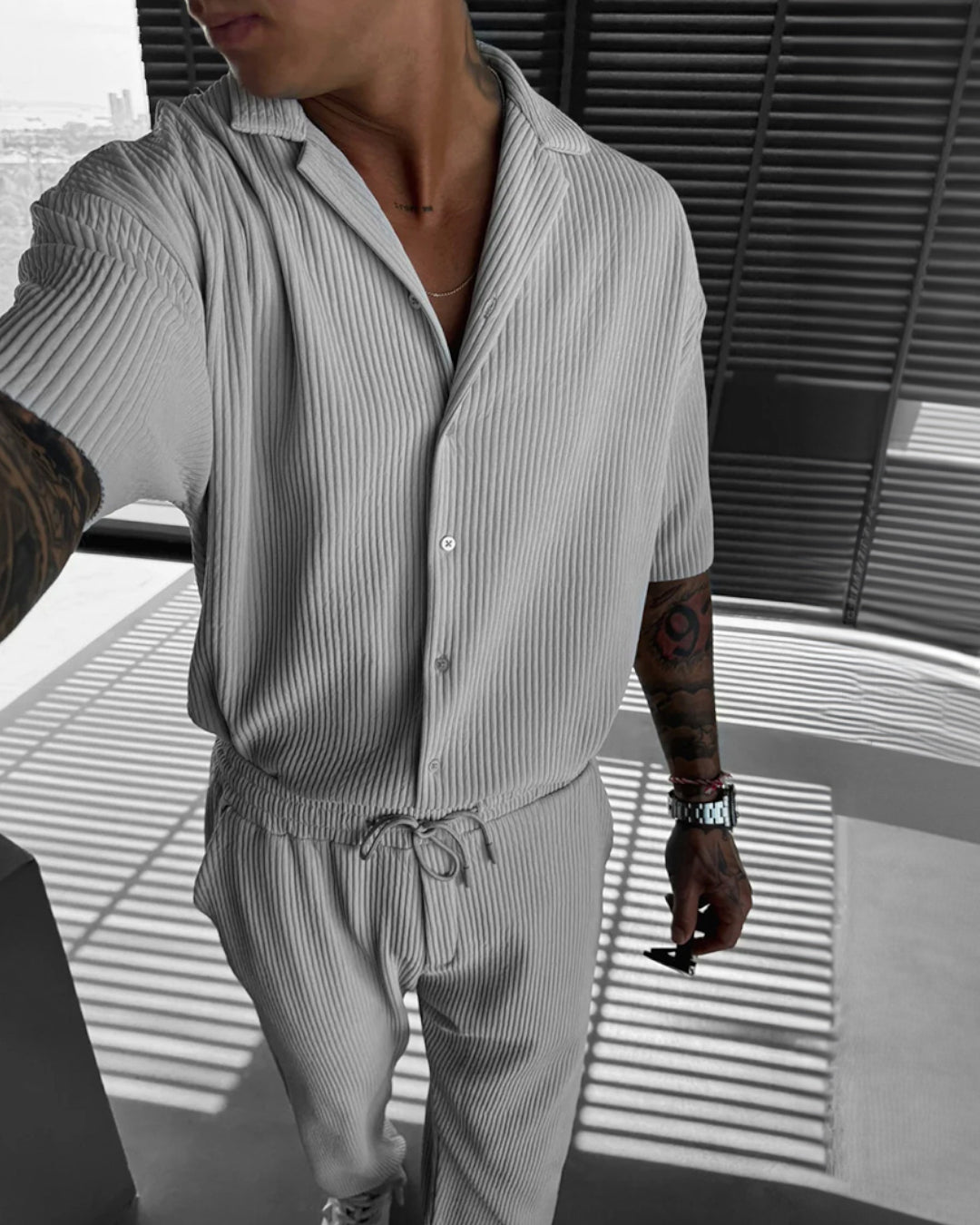 Oversize Pleated Open Collar Shirt & Trouser Set -Light Gray