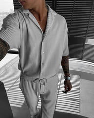 Oversize Pleated Open Collar Shirt & Trouser Set -Light Gray
