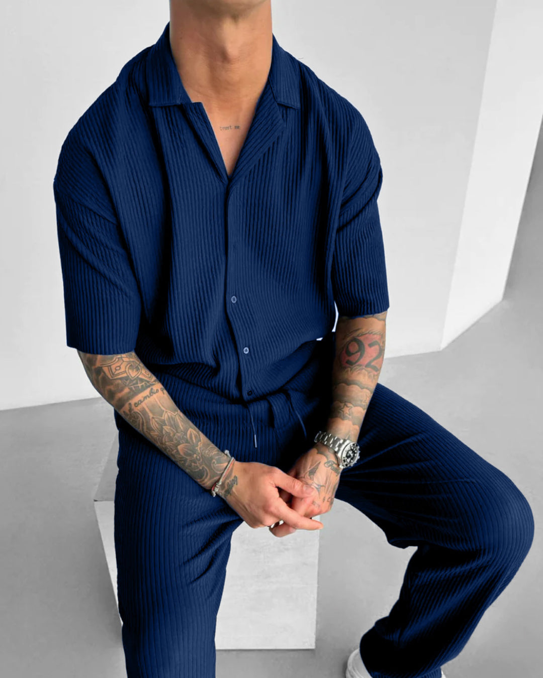 Oversize Pleated Open Collar Shirt & Trouser Set - Navy Blue