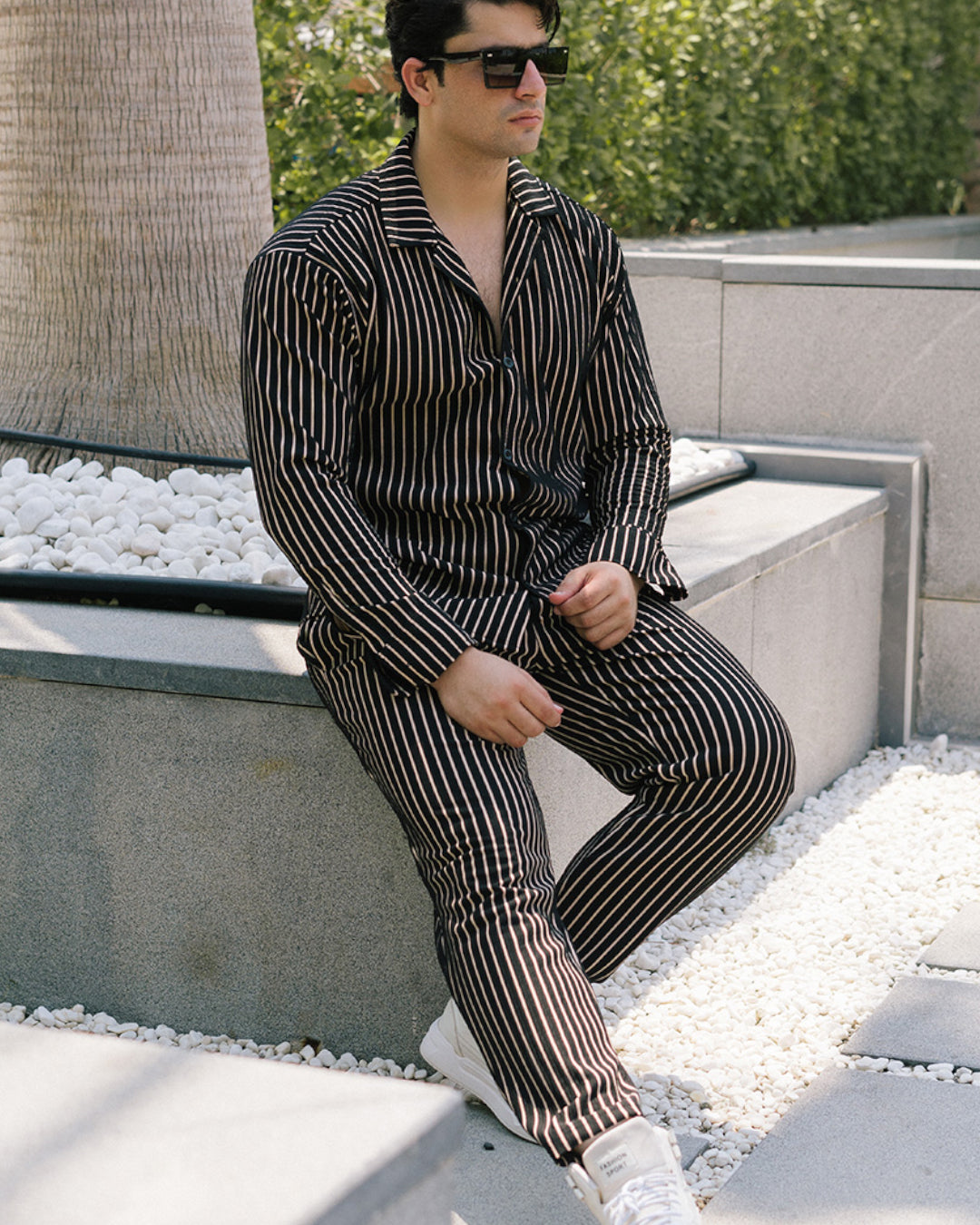 Oversize Turkish Style Open Collar Lining Shirt & Trouser Set - Black