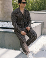 Oversize Turkish Style Open Collar Lining Shirt & Trouser Set - Black