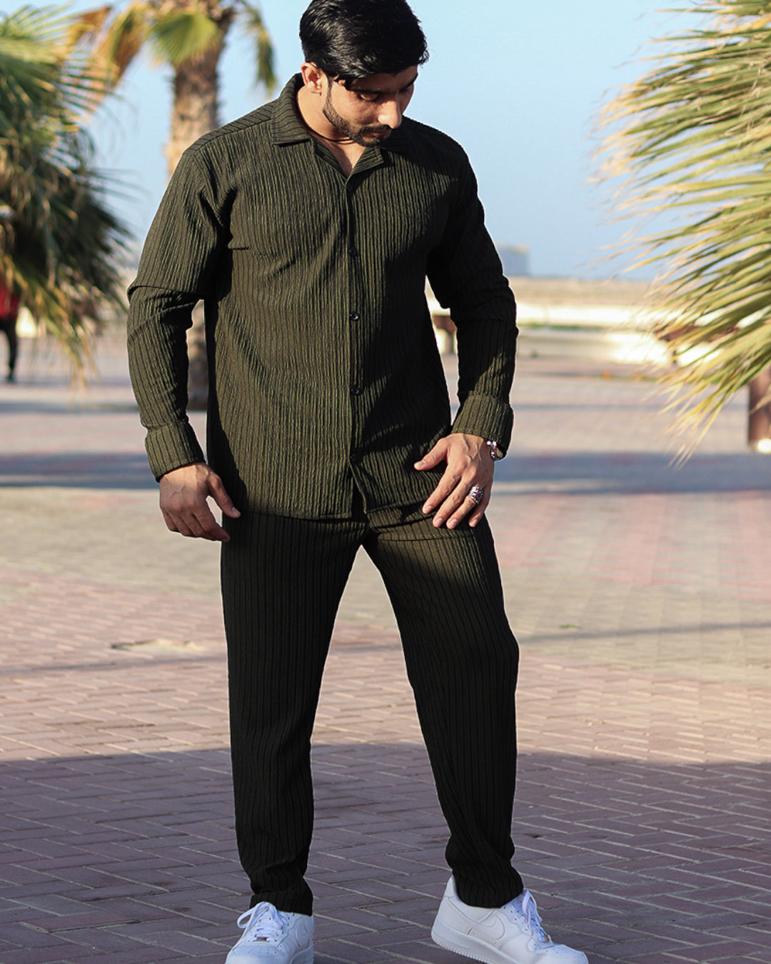 Oversize Turkish Style Open Collar Lining Shirt & Trouser Set - Green