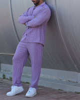 Oversize Turkish Style Open Collar Lining Shirt & Trouser Set - Lavender - Purple
