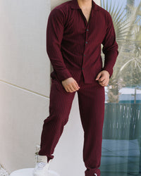 Oversize Turkish Style Open Collar Lining Shirt & Trouser Set - Maroon