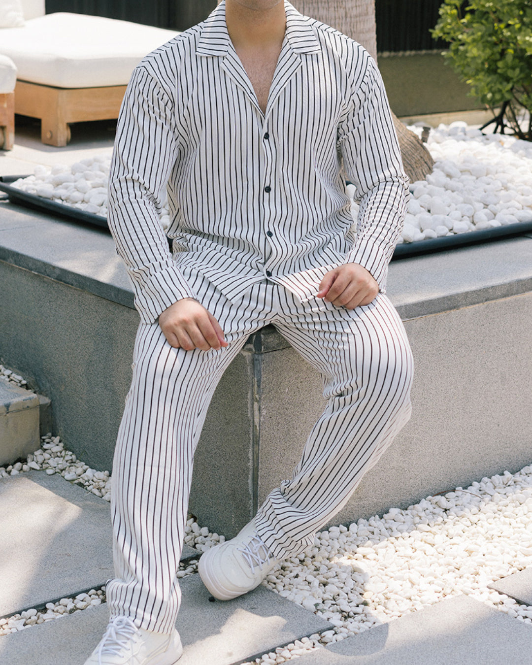 Oversize Turkish Style Open Collar Lining Shirt & Trouser Set - White