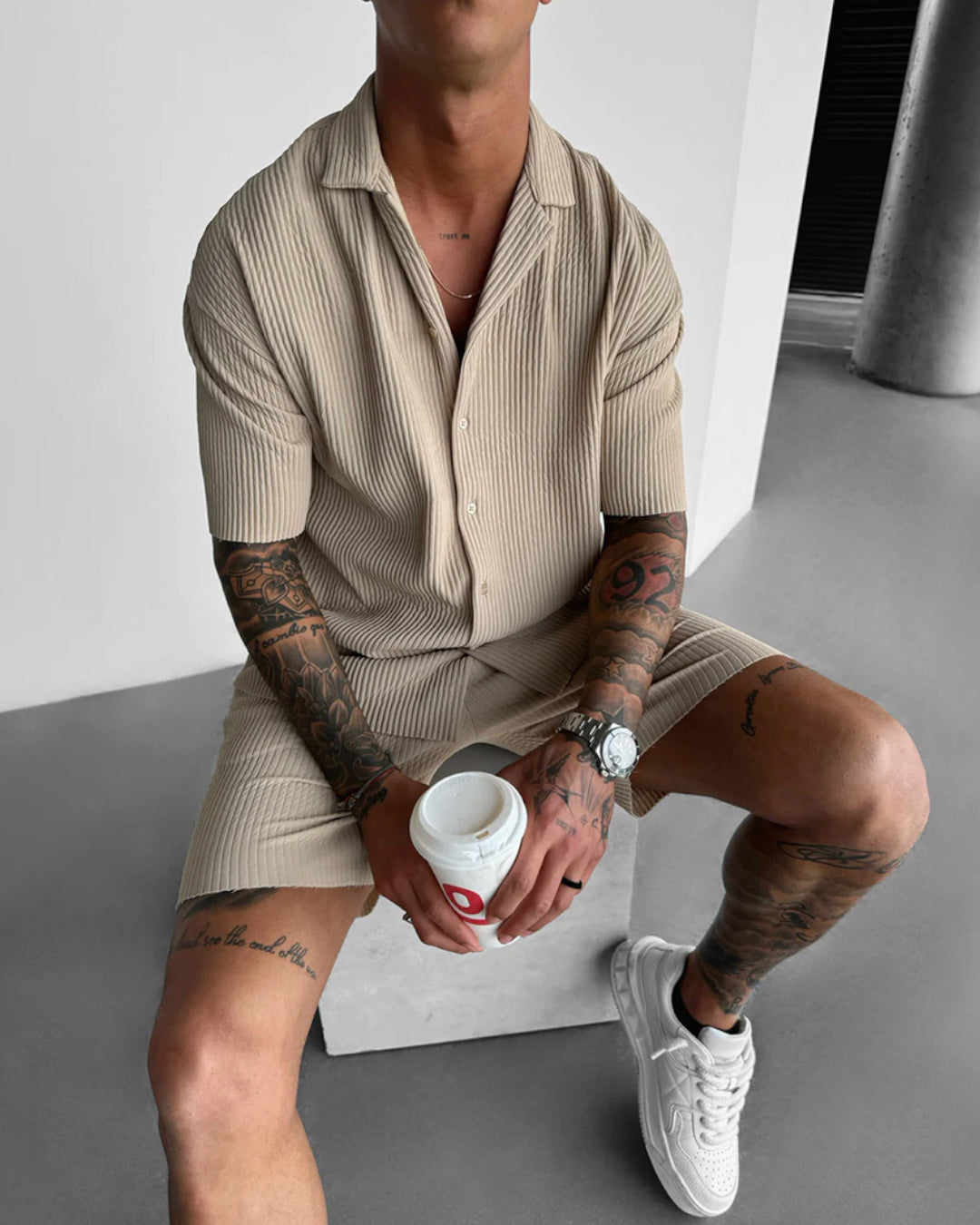 Oversize Pleated Open Collar Shirt & Short Set - Beige