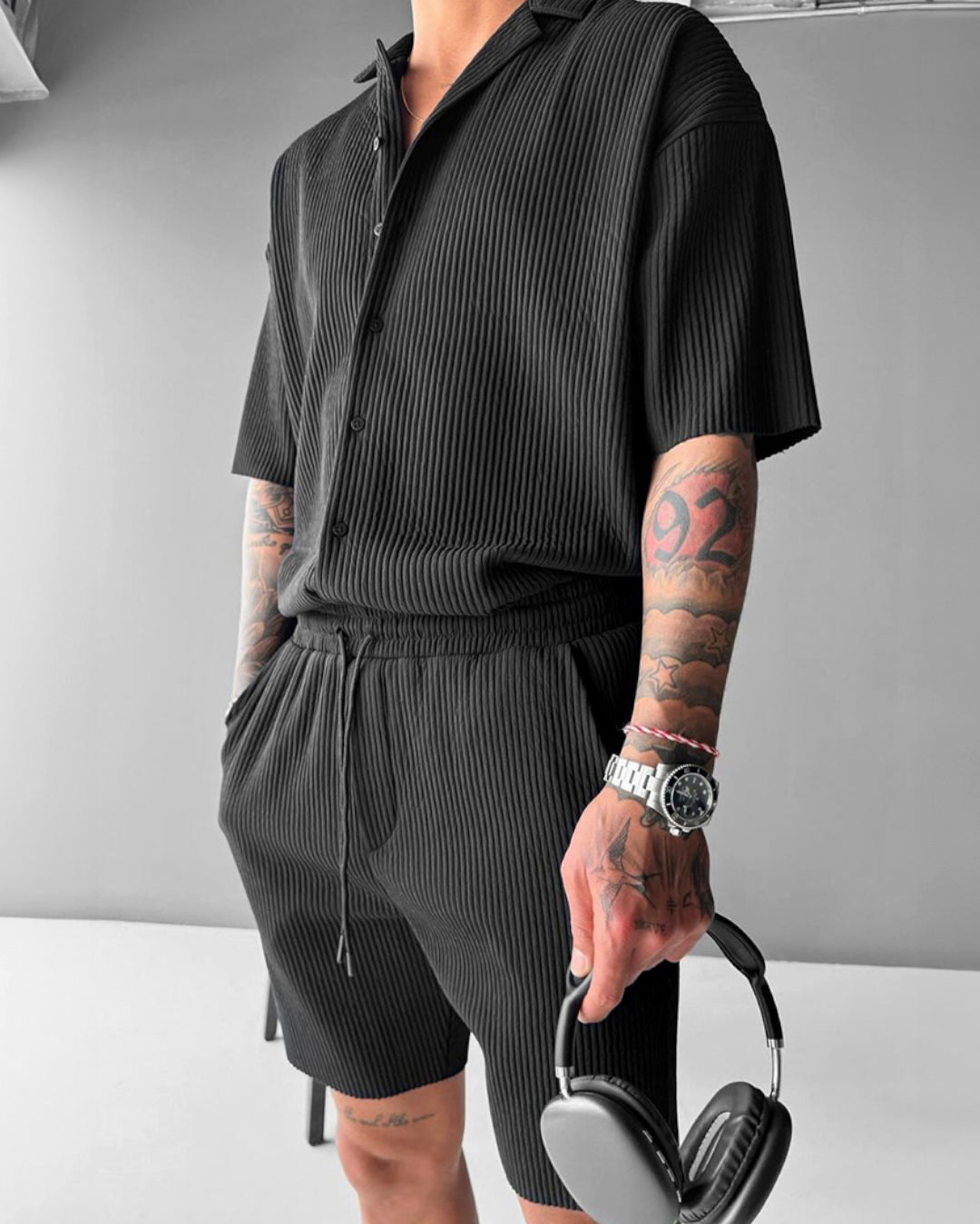 Oversize Pleated Open Collar Shirt & Short Set - Black