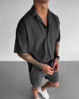 Oversize Pleated Open Collar Shirt & Short Set - Gray