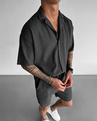 Oversize Pleated Open Collar Shirt & Short Set - Gray