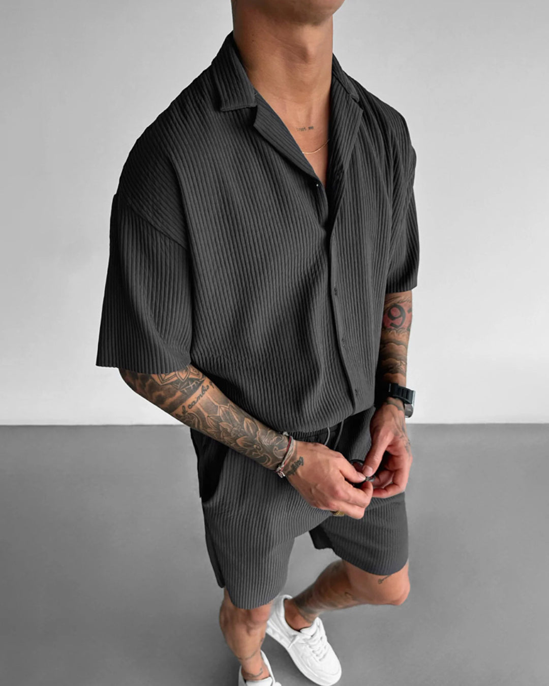 Oversize Pleated Open Collar Shirt & Short Set - Gray